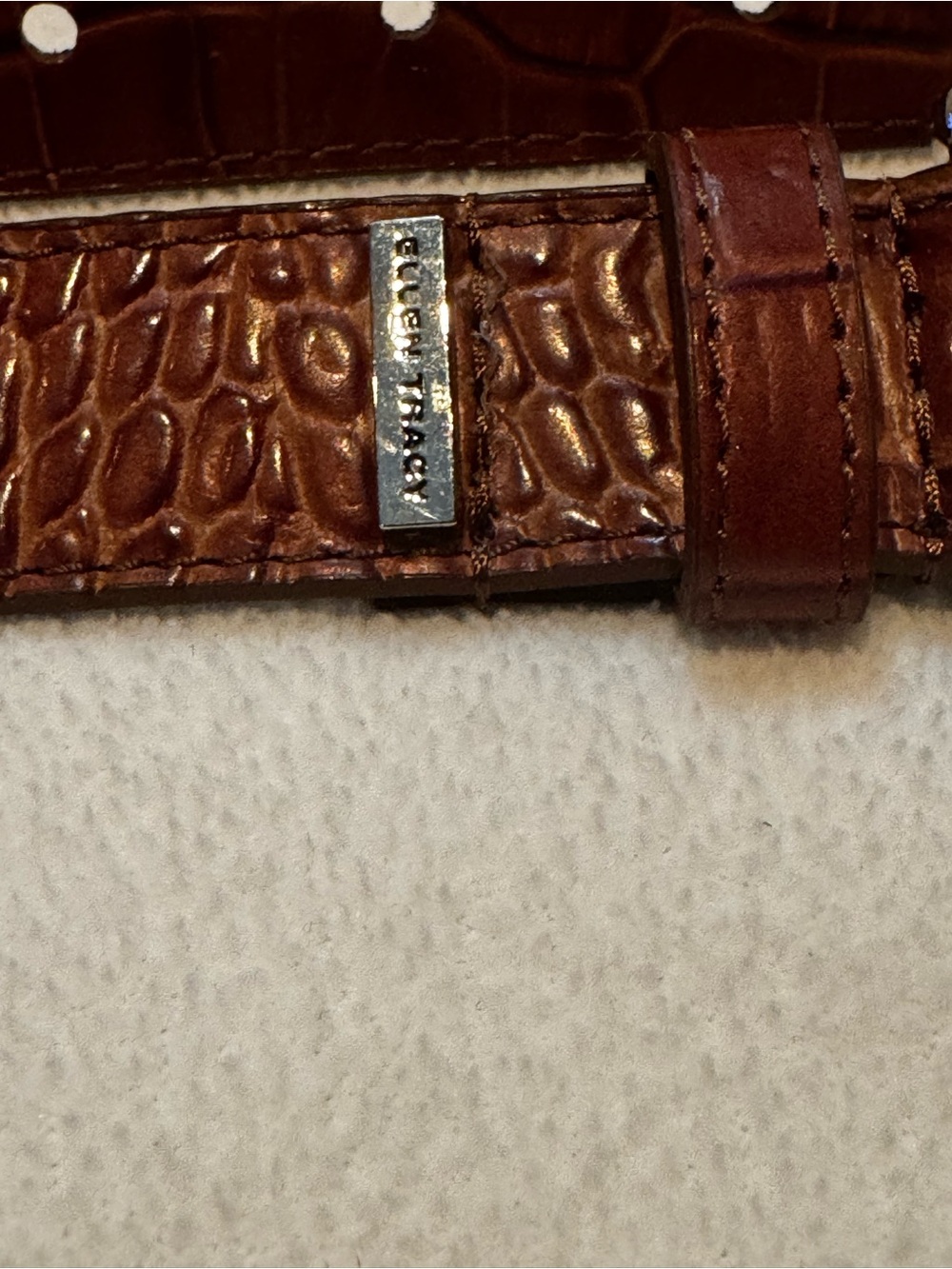 Ellen Tracy Croc-Embossed Brown Leather Belt with Logo Plaque